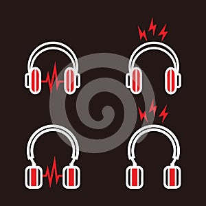 red and white headphone set with lightning and heartbeat sign for music listening, broadcast or podcast