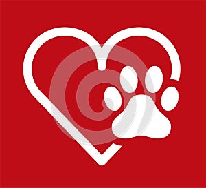 Red white heart pet paw print dog cat vector icon