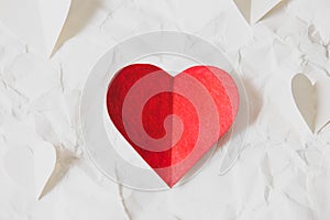 Red and white hearts paper on White crumpled paper, valentine`s day beautiful background