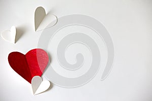 Red and white hearts paper on White paper, valentine`s day beautiful background