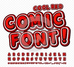 Red-white high detail comic font, alphabet. Comics, pop art