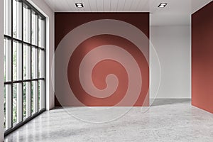 Red and white hotel bathroom interior with window, no furniture. Mock up wall