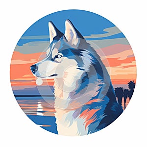 Siberian Husky Sunset Art: Pop-inspired Tonalism With Coastal Vibes photo