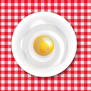 Red And White Ingham Tablecloth With Plate And Fried Egg