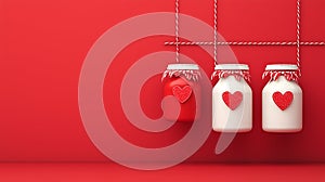 red and white jars with heart decorations hanging on strings photo