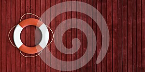 Red and white life buoy on the side of a wooden ship