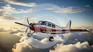 Red and white light aircraft flying high above the clouds. Generative AI