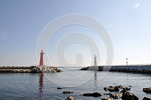 Red and white lighthouse at Cheongsapo port, Busan, South Korea