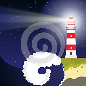 A red white lighthouse on the ocean coast indicates the way with a light indicator of the direction of movement of ships