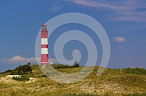 Red and white lighthouse on a sand dune lightly covered with beach grass in front of a blue sky