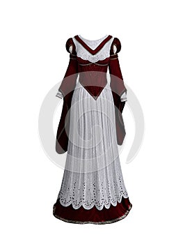 Red and white medieval style long dress. Isolated 3D illustration for compositing use