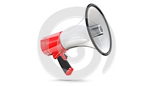 Red and white megaphone isolated on white background. 3d rendering of bullhorn, file contains a clipping path to