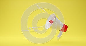 Red-White megaphone on yellow background 3D rendering. speaker speech for your text. illustration