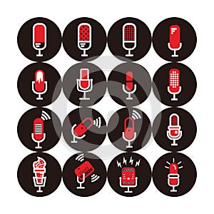 Red and white microphone illustrations set - microphone set with lightning and connection sign for broadcast or podcast