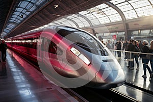 Red and white modern high-speed train on a railway platform. Boarding platform at the railway station. High-speed transport