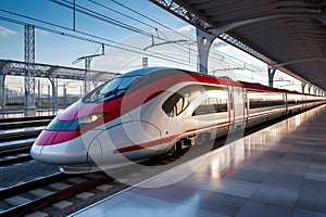 Red and white modern high-speed train on a railway platform. Boarding platform at the railway station. High-speed transport