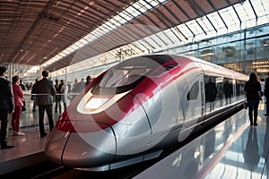 Red and white modern high-speed train on a railway platform. Boarding platform at the railway station. High-speed transport