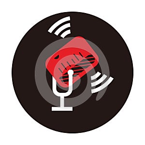 Red and white music microphone with signal sign for broadcast or podcast - music microphone with signal sign icon or logo