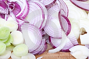 Red, white onions and leeks