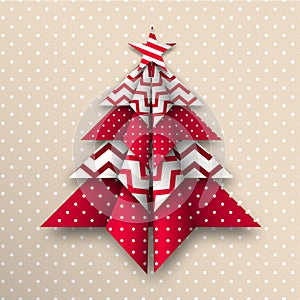 Red and white origami christmas tree, holiday theme, illustration