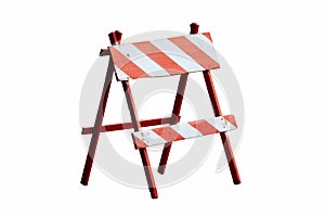 Red and white painted vintage wooden road block or barrier as wood frame barricade with four legs isolated on white background