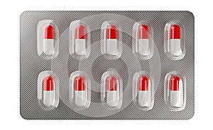 Red and white pill capsules in pill blister pack isolated on white background flat lay top view from above, medicine, pharmacy or