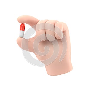 red white pill icon. Doctor or pharmacist cartoon hand with black skin holds small pill. Medical healthcare illustration.