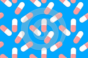 Red and white pills seamless pattern on blue