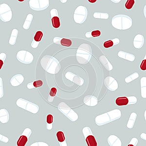 Red and white pills seamless pattern. Medicine background, abstract capsules and medical tablets flatlay vector illustration