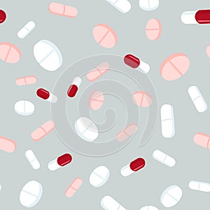 Red and white pills seamless pattern. Medicine background, abstract capsules and medical tablets flatlay vector illustration