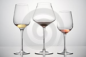 Red, white, pink wines assortment in glassware.