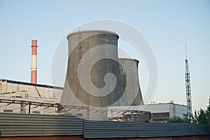 Red and white pipes of a city boiler room, heating system