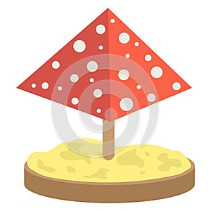 Red and white polka dot beach umbrella on sand base. Summer vacation and beach getaway vector illustration