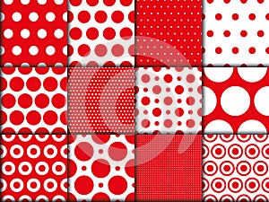 Red and white polkadot seamless patterns set collection