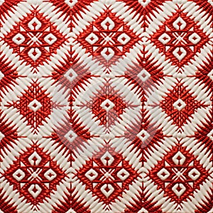 Red And White Quilt With Symmetrical Figures And Luxurious Geometry