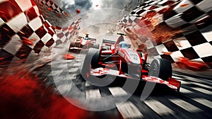 red and white racing cars with roaring engines are racing against the background of checkered flags