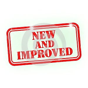 Red and white rectangular sign with new and improved text isolated on white background