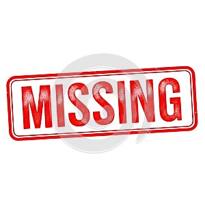 Red and white rectangular sign with the word missing isolated on white background