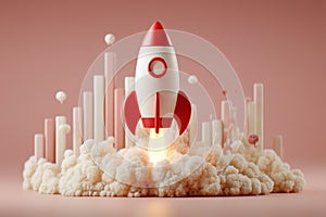 Rocket Launch Surrounded by Stylized Clouds and Abstract Background