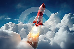 A red and white rocket launches into the sky, propelled by incredible power and precision, Space rocket flying toward the clouds