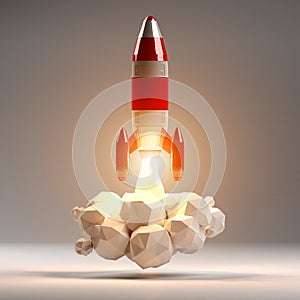 Red and white rocket launching 3D rendering