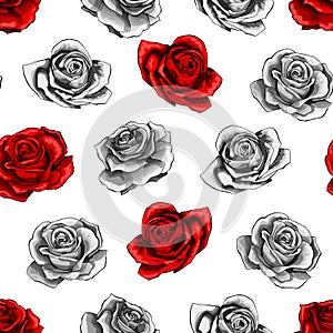 Red rose flower bouquets contour elements seamless pattern on white background
