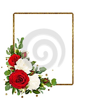 Red and white rose flowers with eucalyptus leaves and golden glitter frame