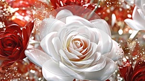 Red And White Rose Flowers Glitter Super Detail. Generative AI