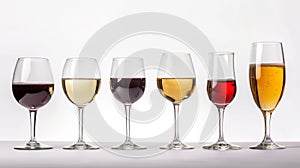 Red, white, rose wine and champagne glasses plash. Generative Ai photo