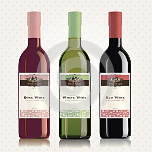 Red, white and rose wine labels and bottles