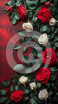 Red and white roses on the edge, dark red and black background, vintage style, with copy space