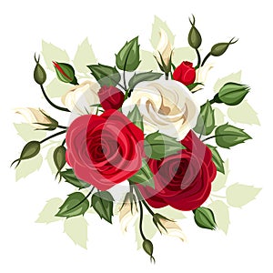 Red and white roses and lisianthus flowers. Vector illustration.