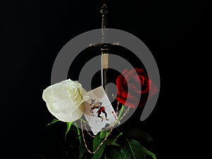 Red and white roses, metal stiletto replica and card with jester on black background. Symbolic concept â€” life, chance, change