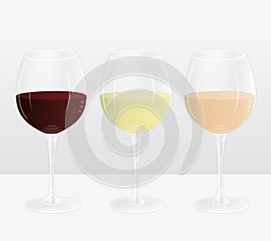 Red, white and rosÃÂ© wineglasses. illustration. photo